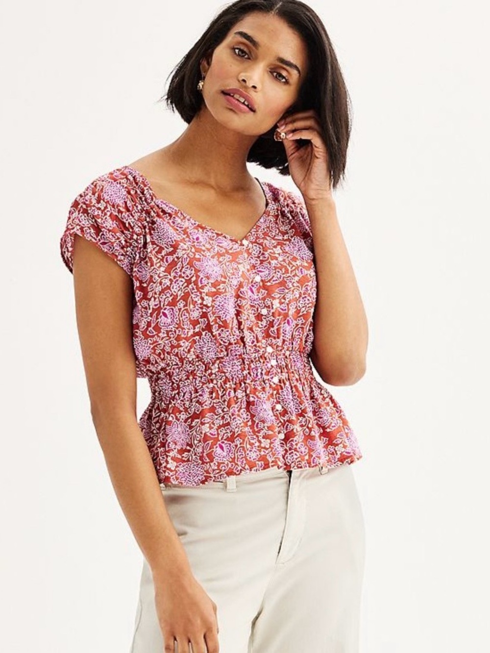 NWT Women's Sonoma Goods For Life Smocked Waist Short Sleeve Top